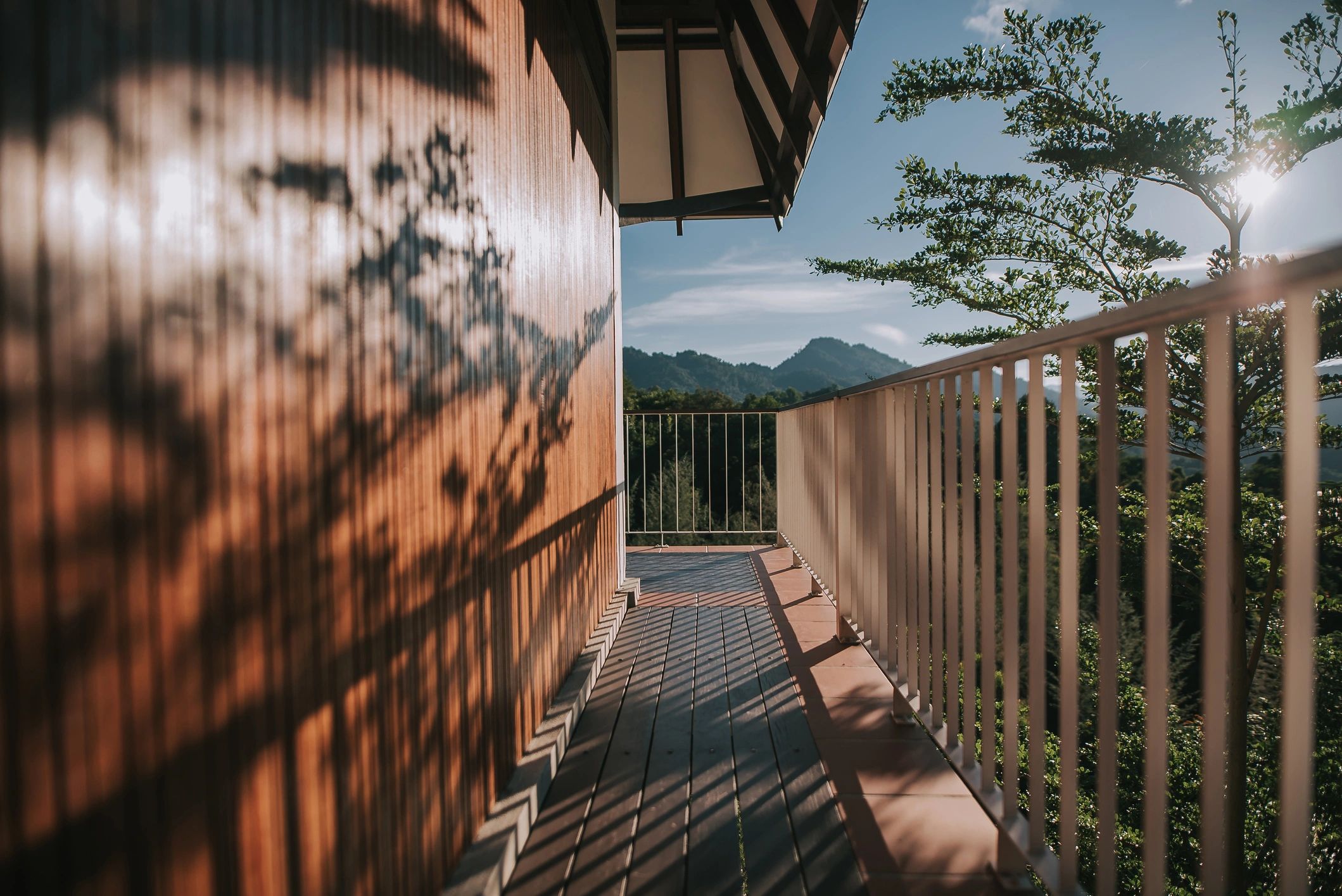 Modern villa walkway in Malaysia surrounded by greenery
