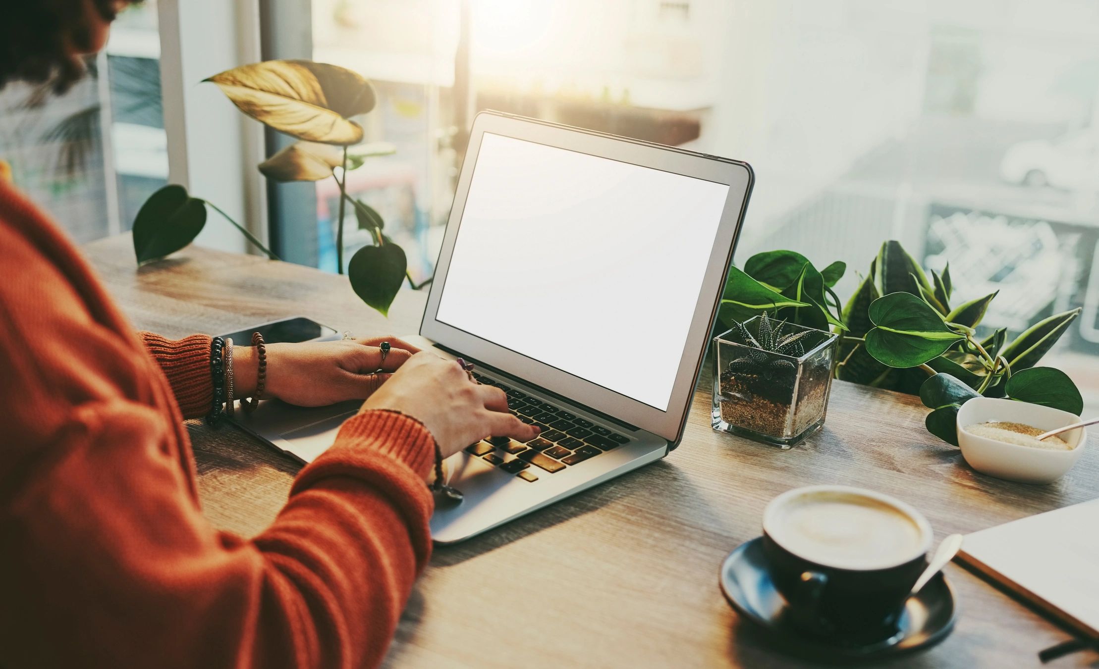 Remote work setup in a coffee shop