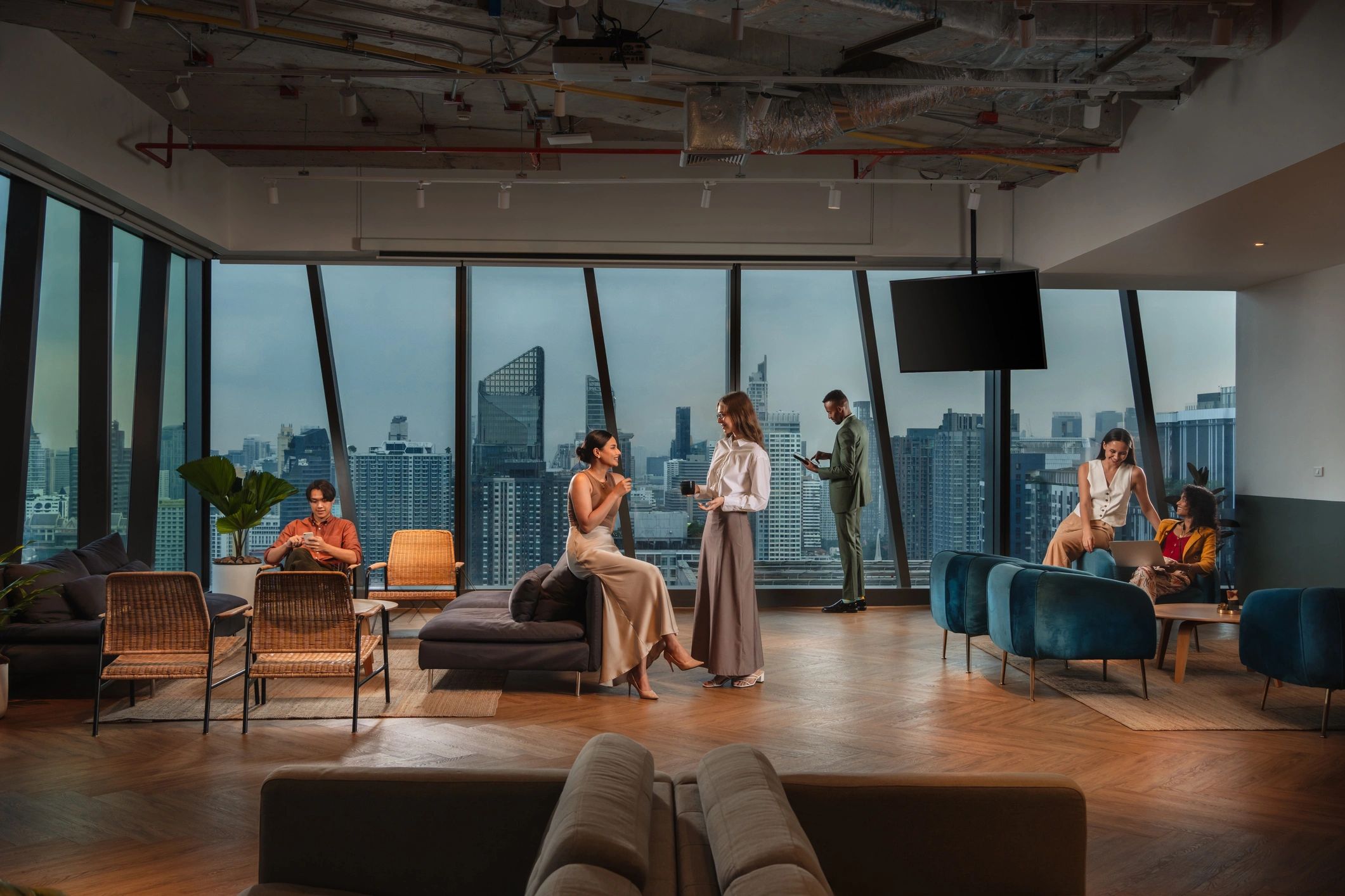 Modern coworking lounge with city view