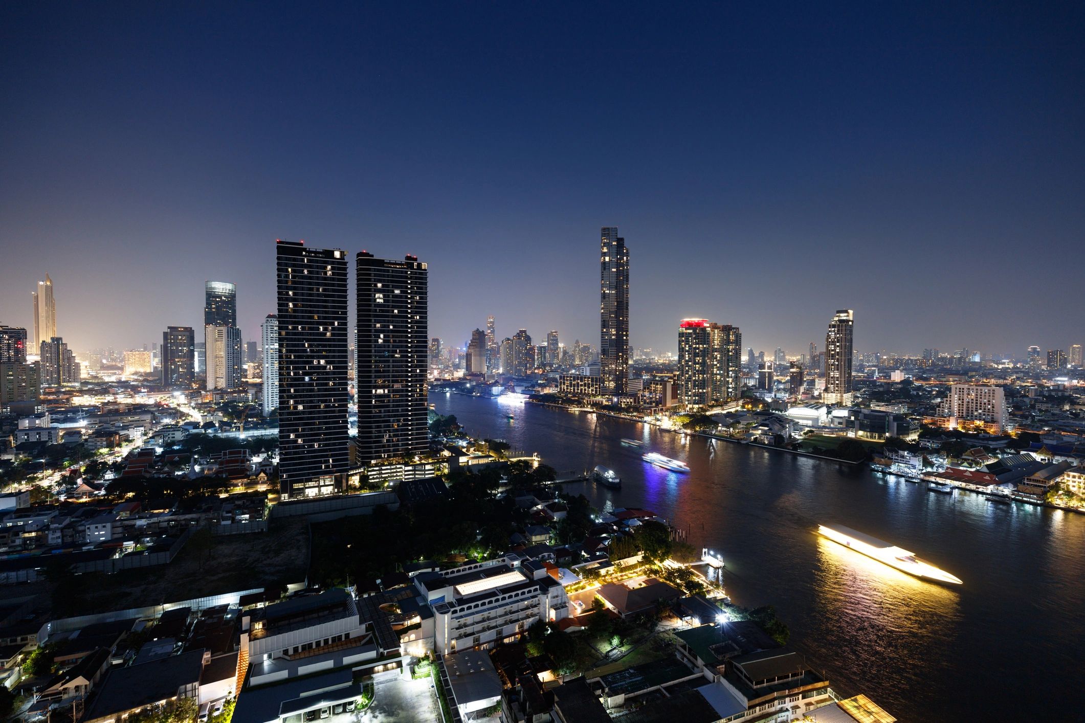 Chao Phraya River flowing through Bangkok at night
