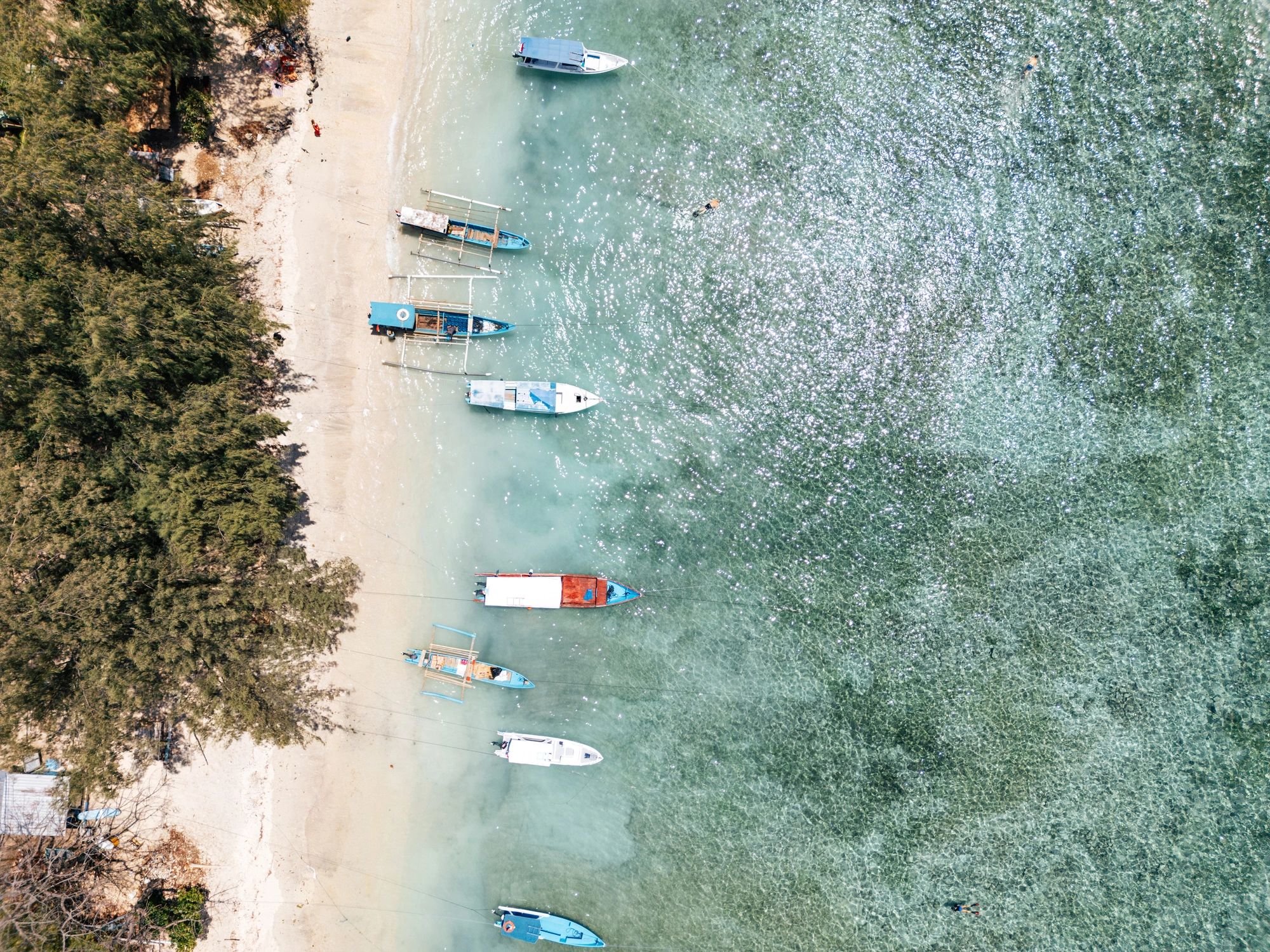 Aerial view of tropical beach with boats