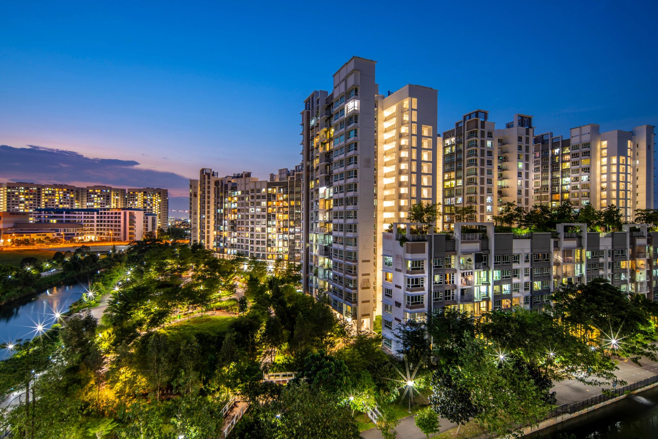 Modern residential buildings at dusk
