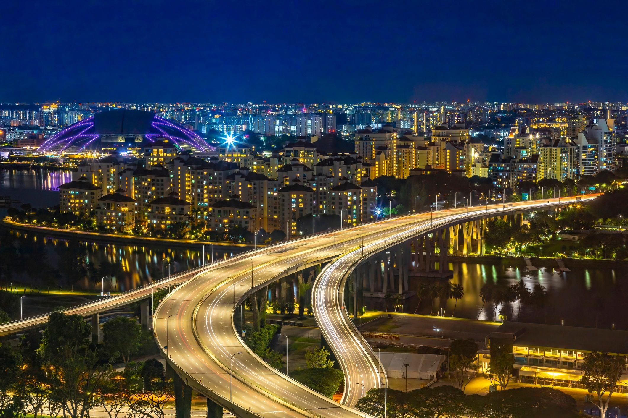 City expressway and skyline at night