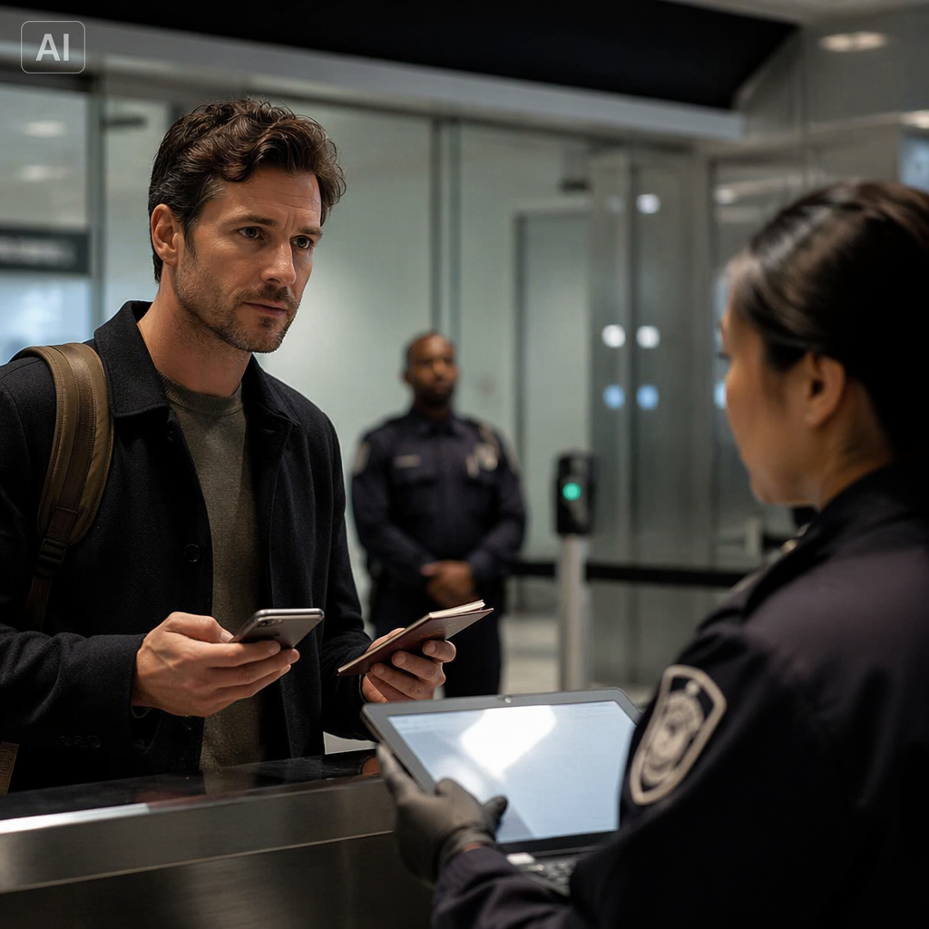 Traveler at airport border inspection holding a phone and passport