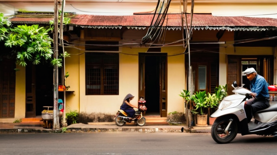 Quiet Bangkok residential street at dawn with shophouses and spirit house offerings