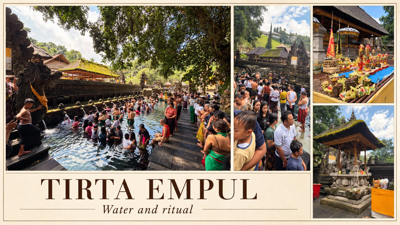 A row of stone water spouts beside the Tirta Empul purification pool