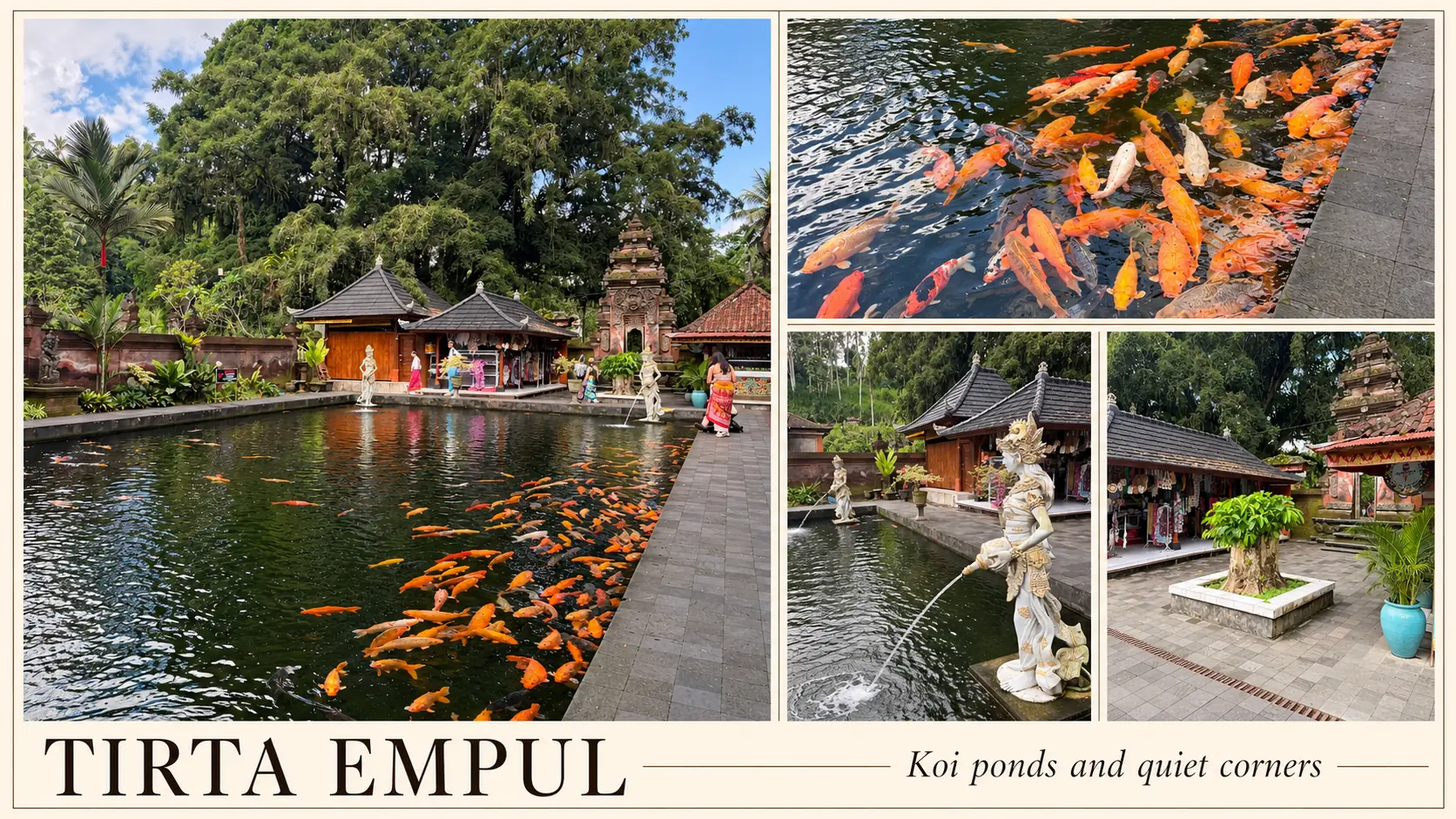 Temple courtyard pavilions and the koi pond at Tirta Empul