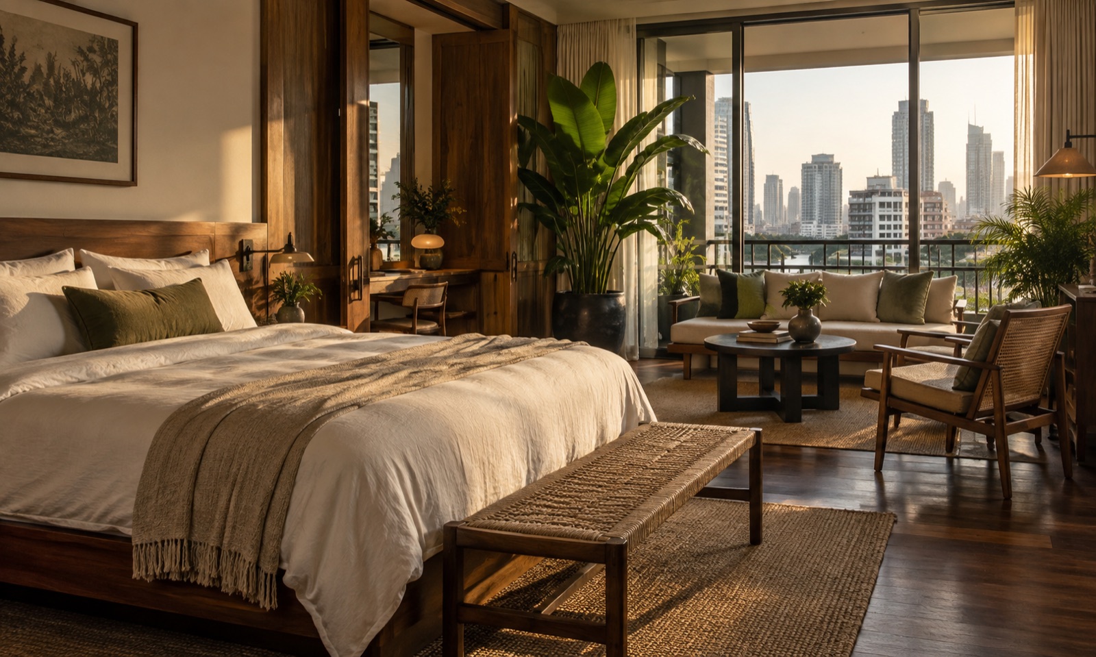 A warm design-led hotel suite in Bangkok