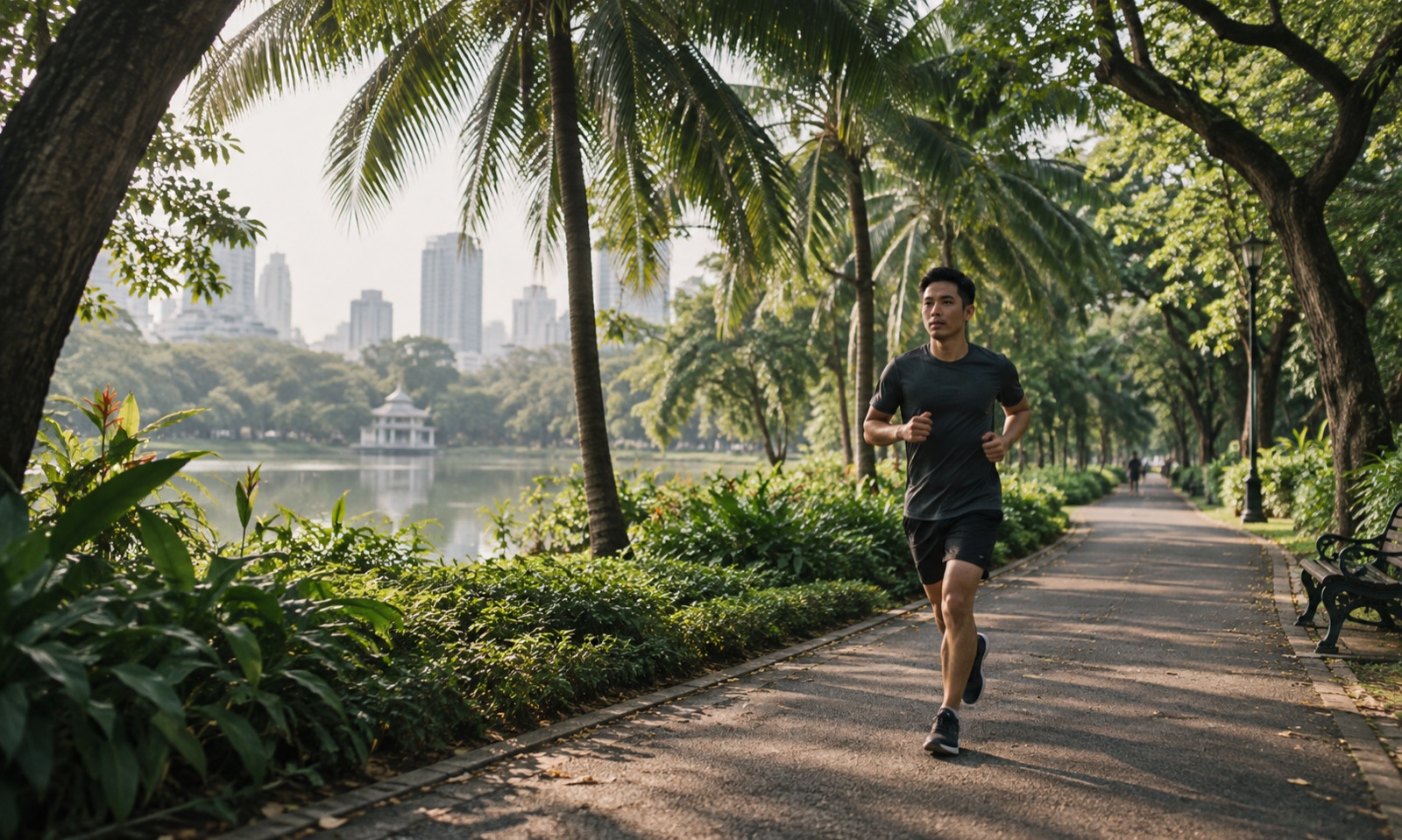 A runner on a shaded morning path in Bangkok's Lumphini Park