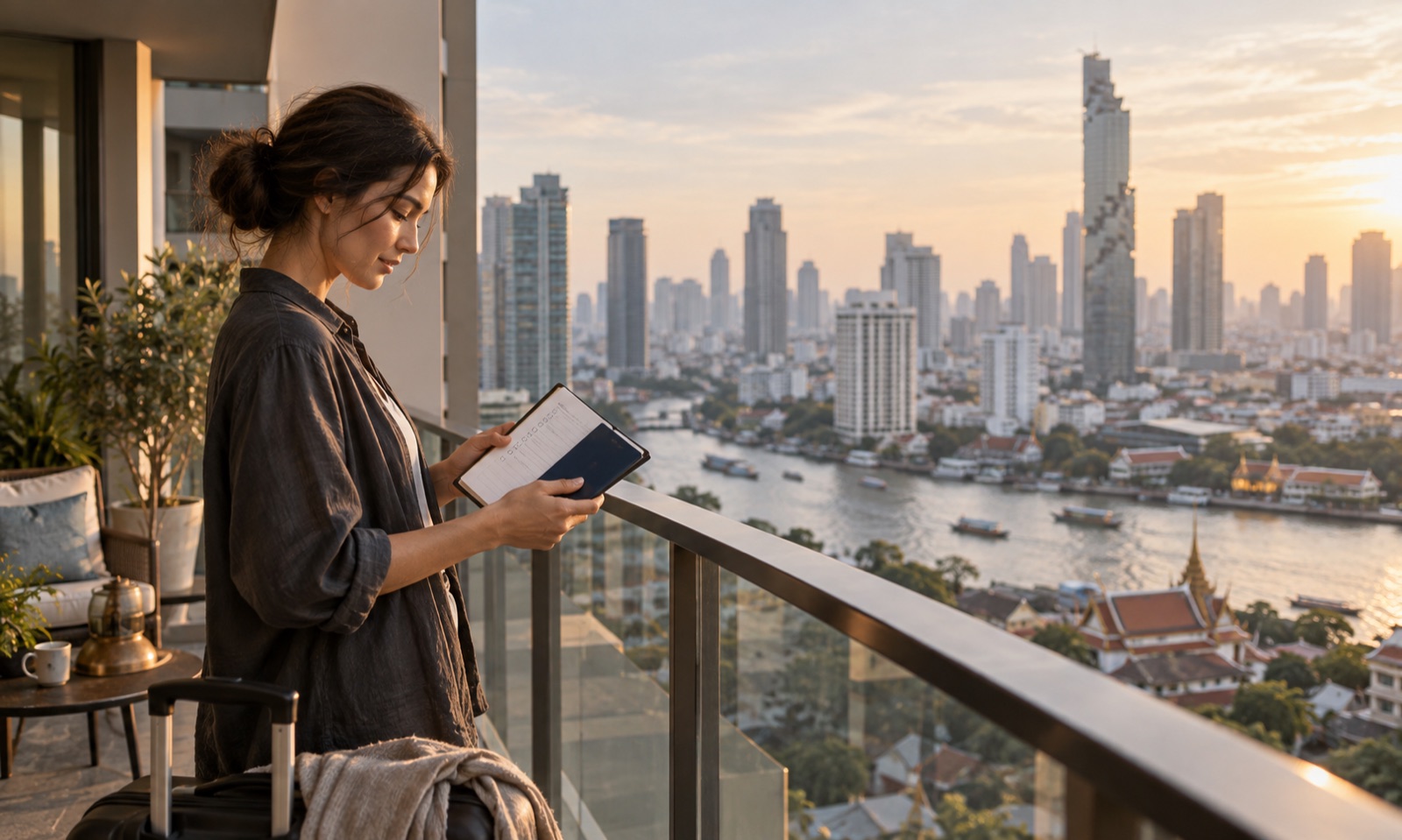 A traveler reviewing a relocation checklist from a Bangkok balcony