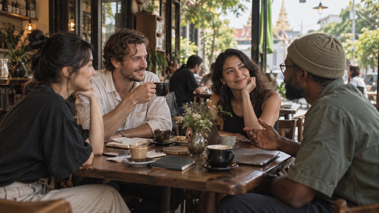 International residents sharing conversation at a Bangkok café
