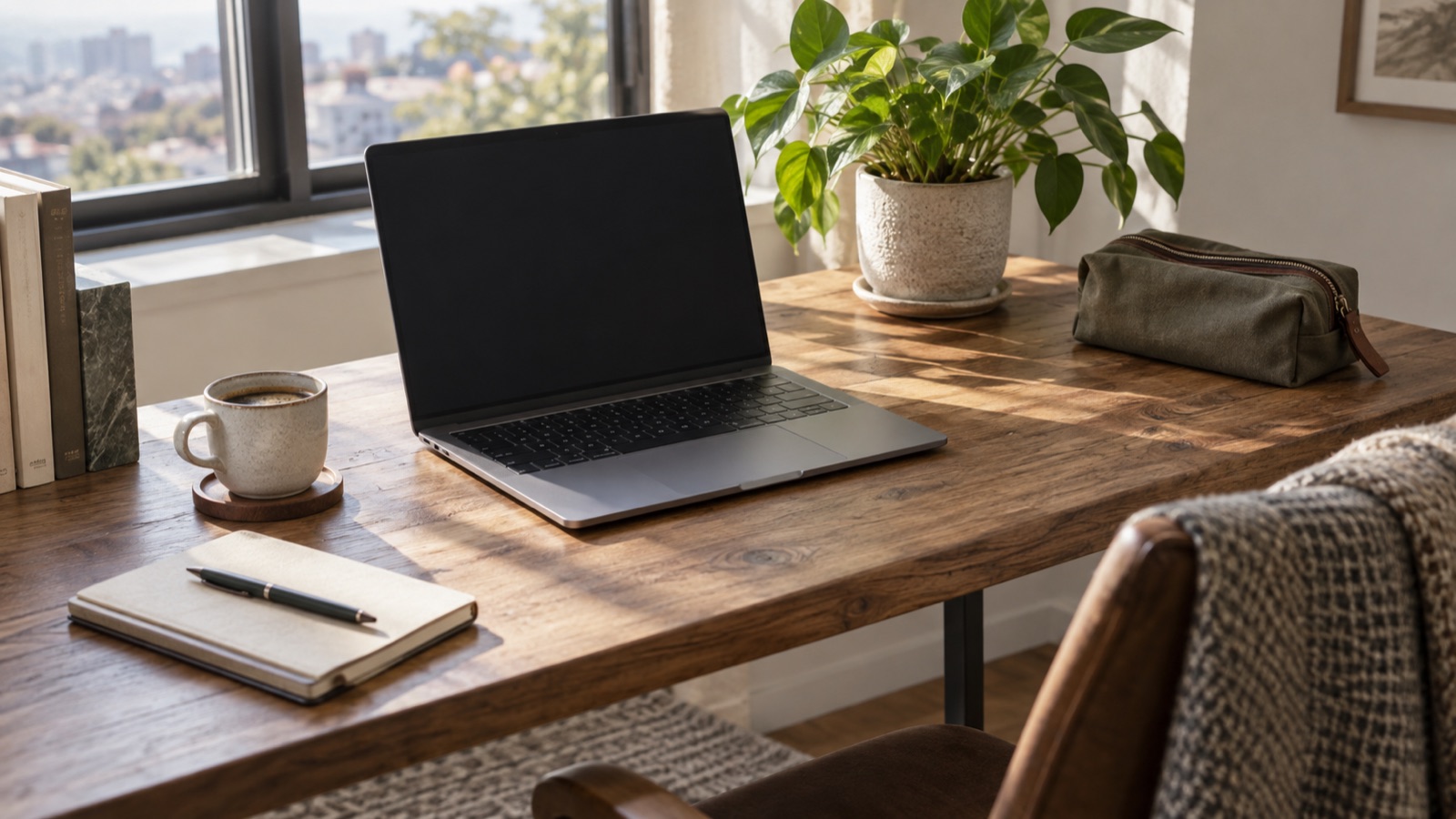 A minimal remote-work setup beside a sunny window