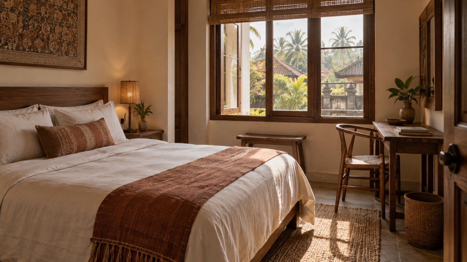 A small thoughtful hotel room with warm local materials