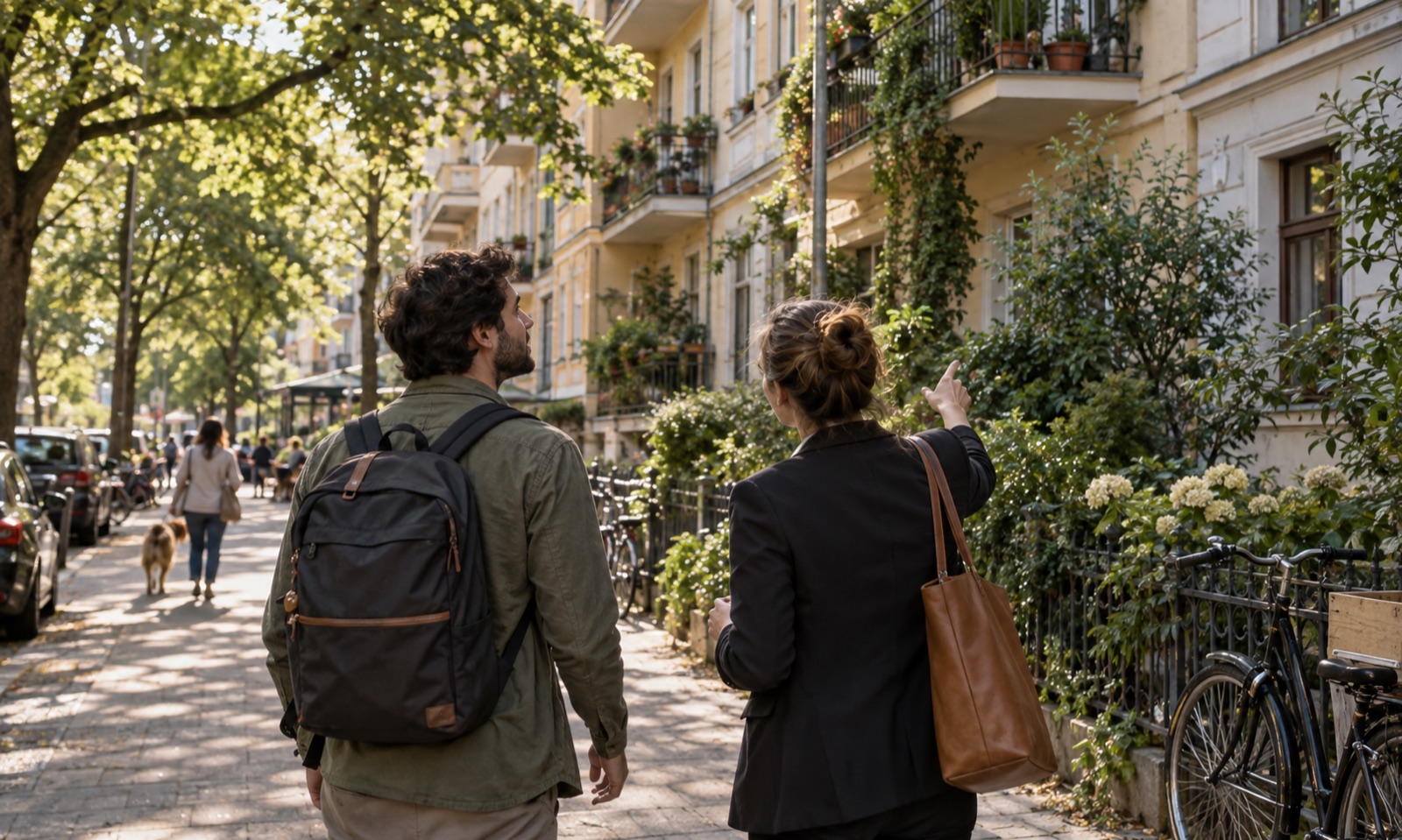 A resident and local advisor exploring a leafy neighborhood