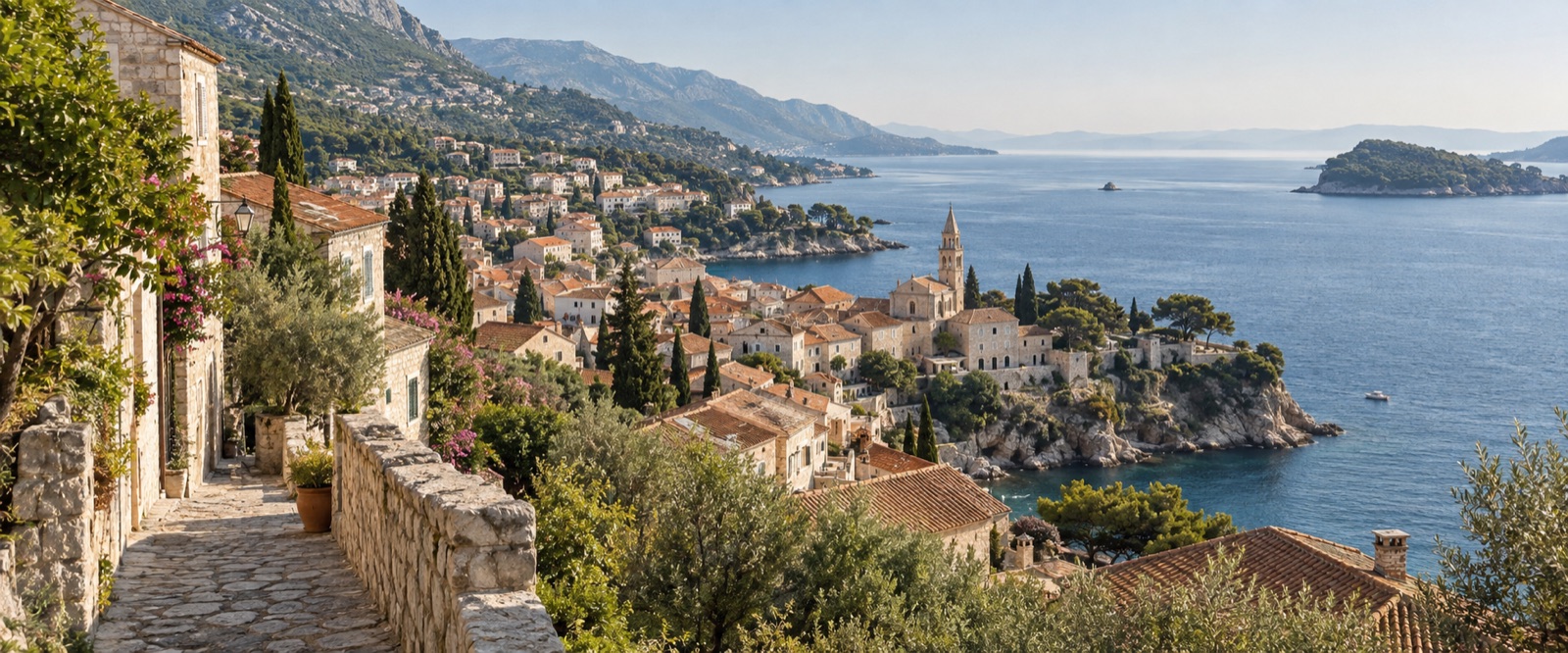 A hillside Mediterranean town beside a calm blue sea
