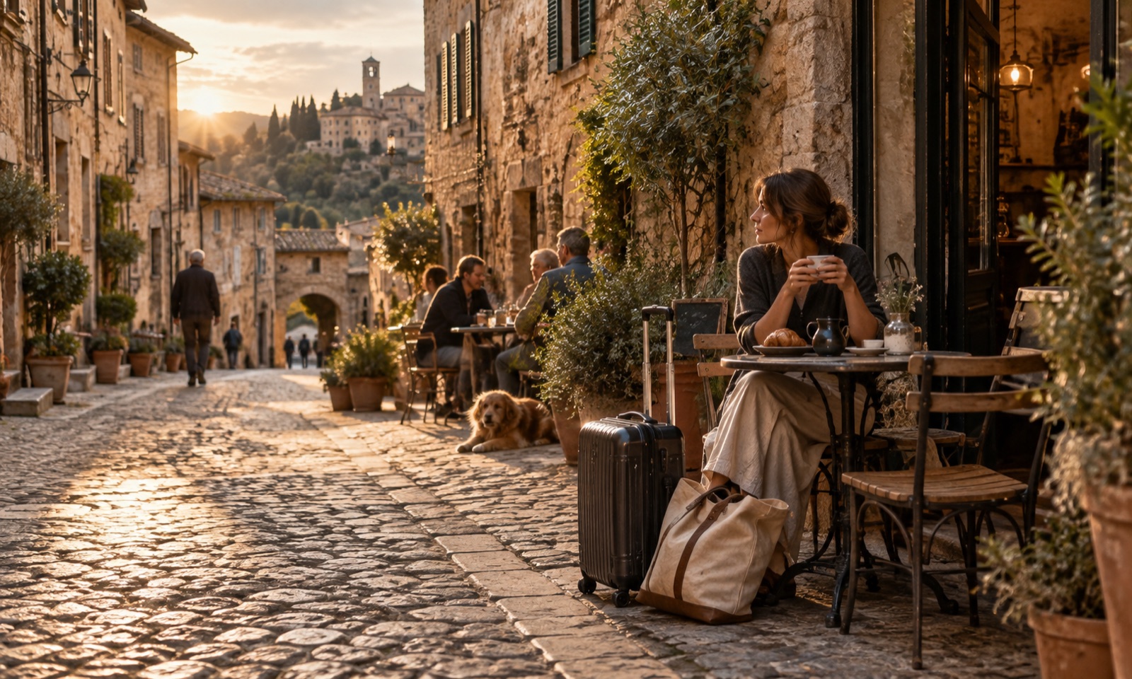 A slow traveler pausing at a café on an old-town street