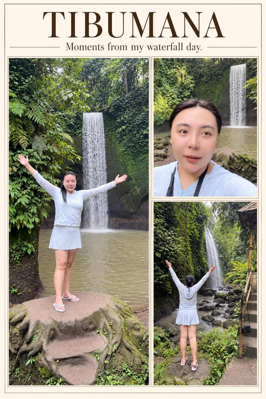 Editorial collage combining personal travel portraits at Tibumana Waterfall
