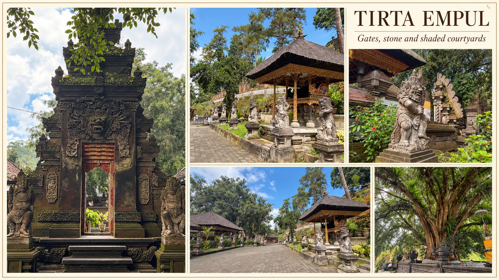 Editorial collage of Tirta Empul’s carved gateway, guardian sculpture, pavilions and large shade tree