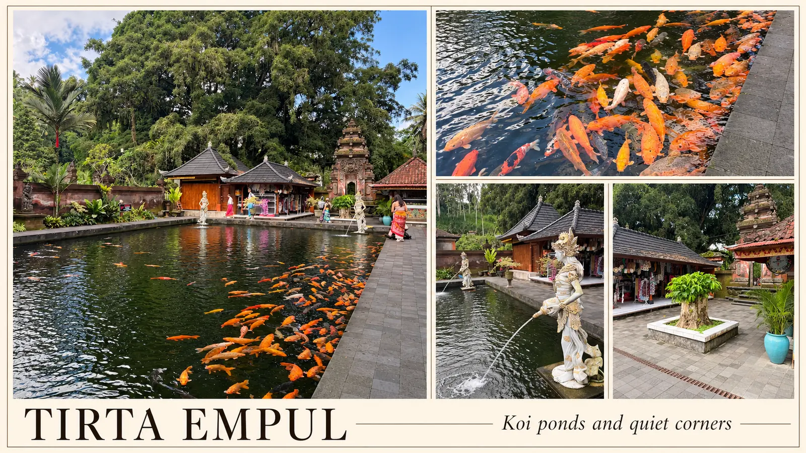 Editorial collage of orange koi, fountain sculptures and pond-side buildings at Tirta Empul