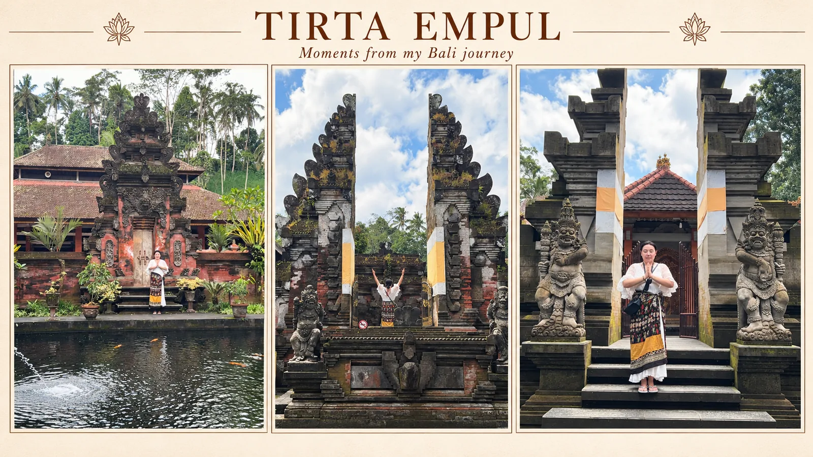 Three-panel editorial collage of my travel portraits beside temple gateways and the koi pond