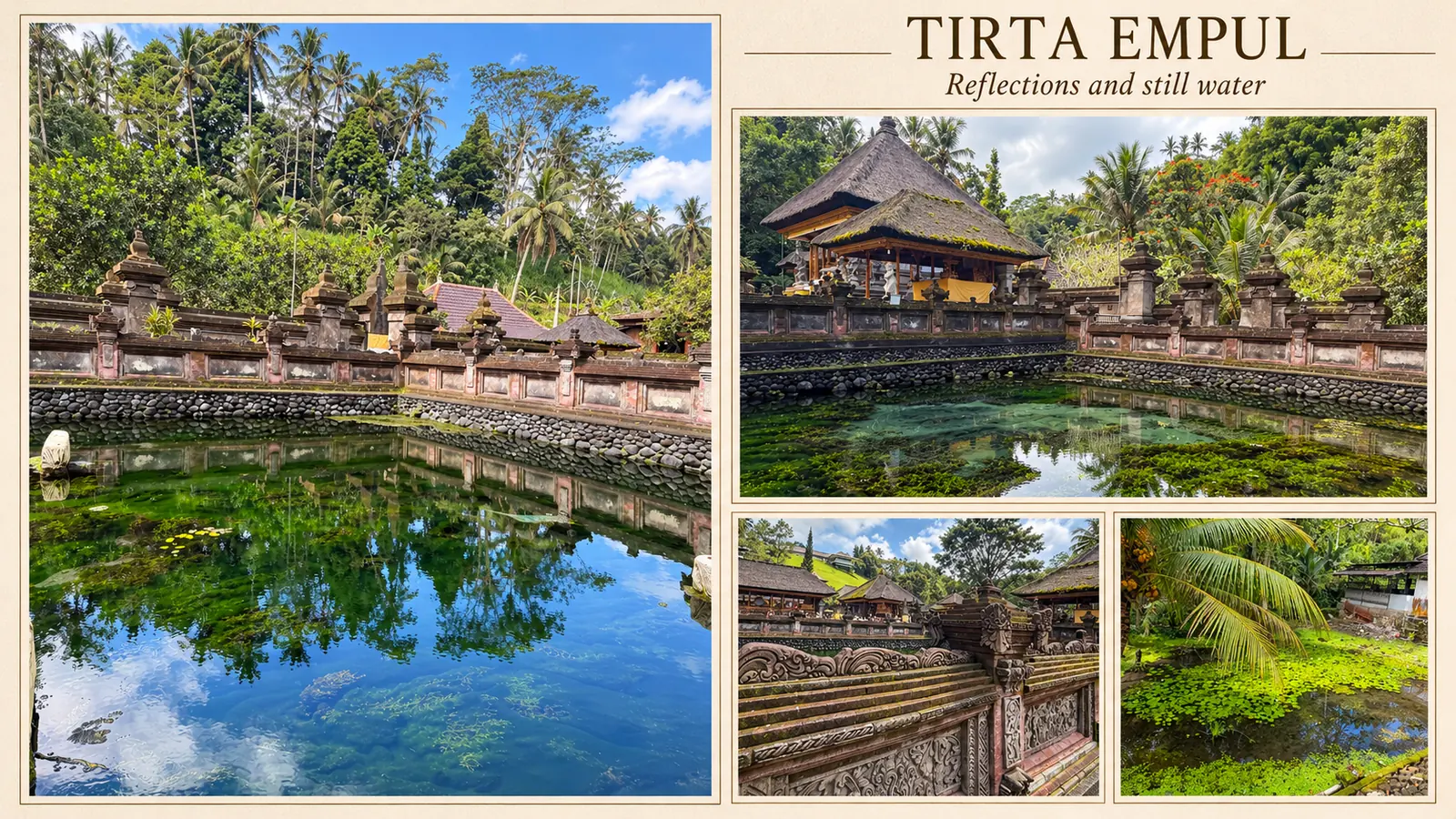 Editorial collage showing clear pool water, cloud reflections, temple stonework and a palm-fringed pond