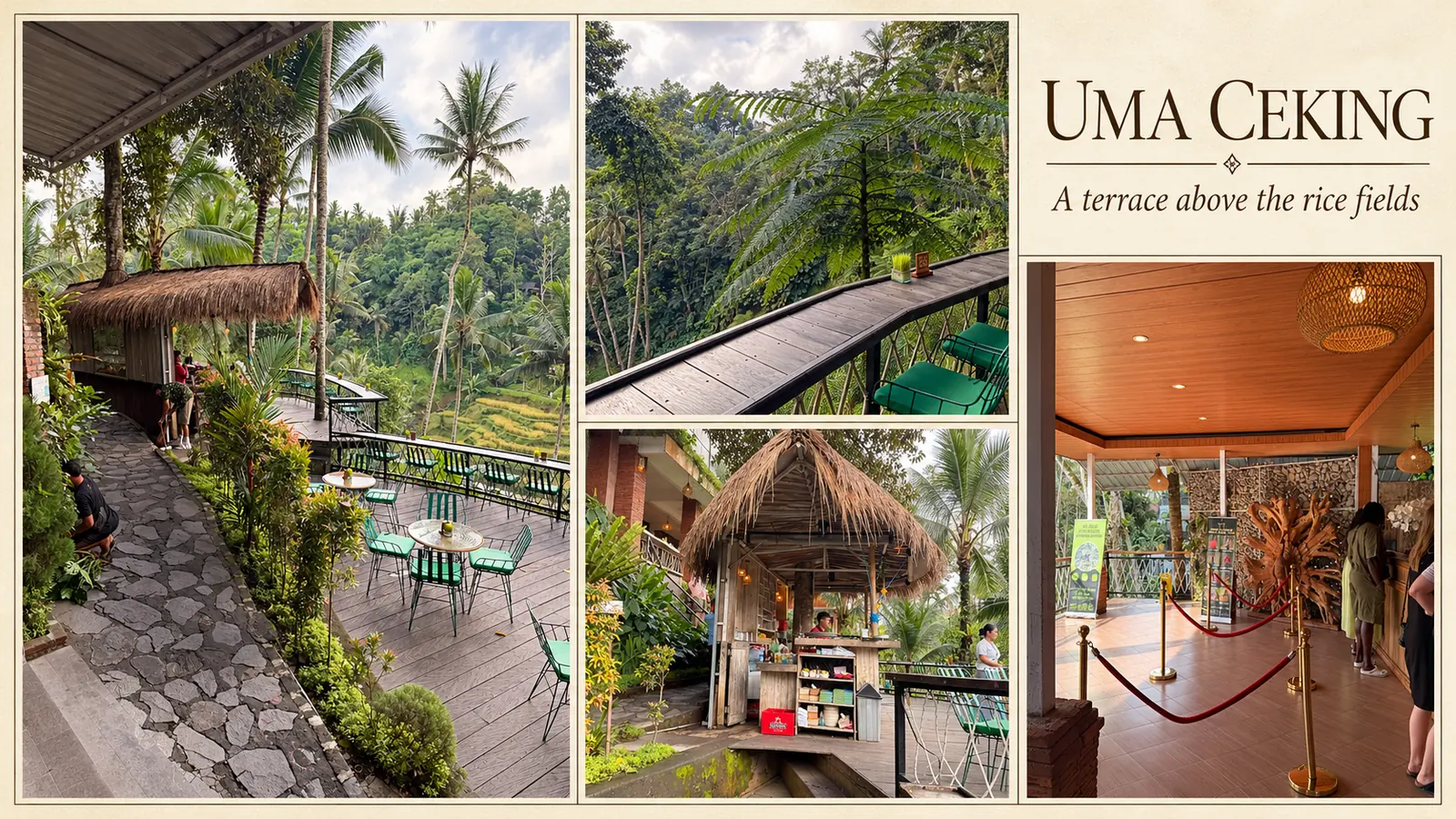 Editorial collage of Uma Ceking’s outdoor seating, valley-facing counter and thatched pavilion