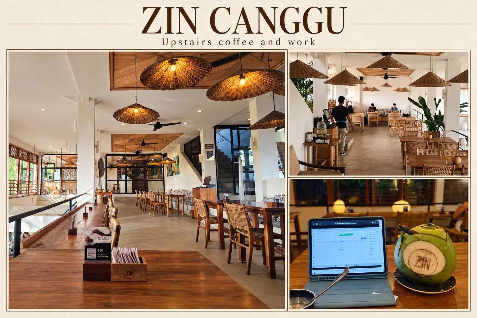 Warm timber tables and woven lamps in the upstairs ZIN Canggu cafe