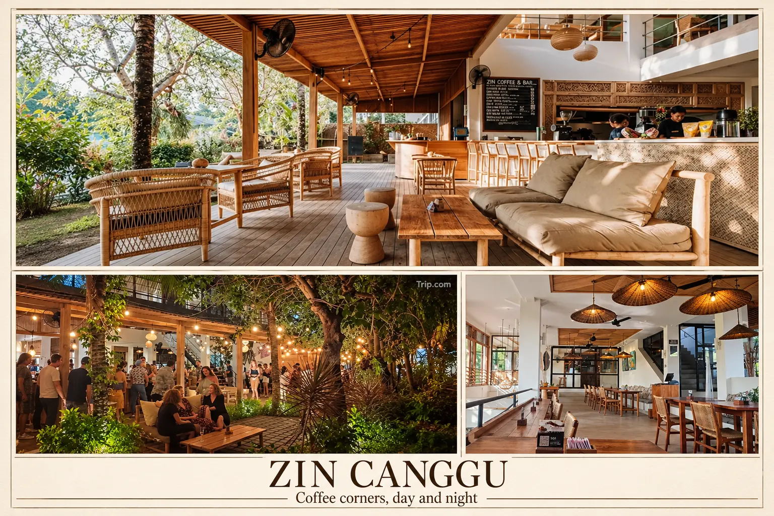 ZIN Canggu cafe collage with open seating, an evening courtyard gathering and an upstairs dining area