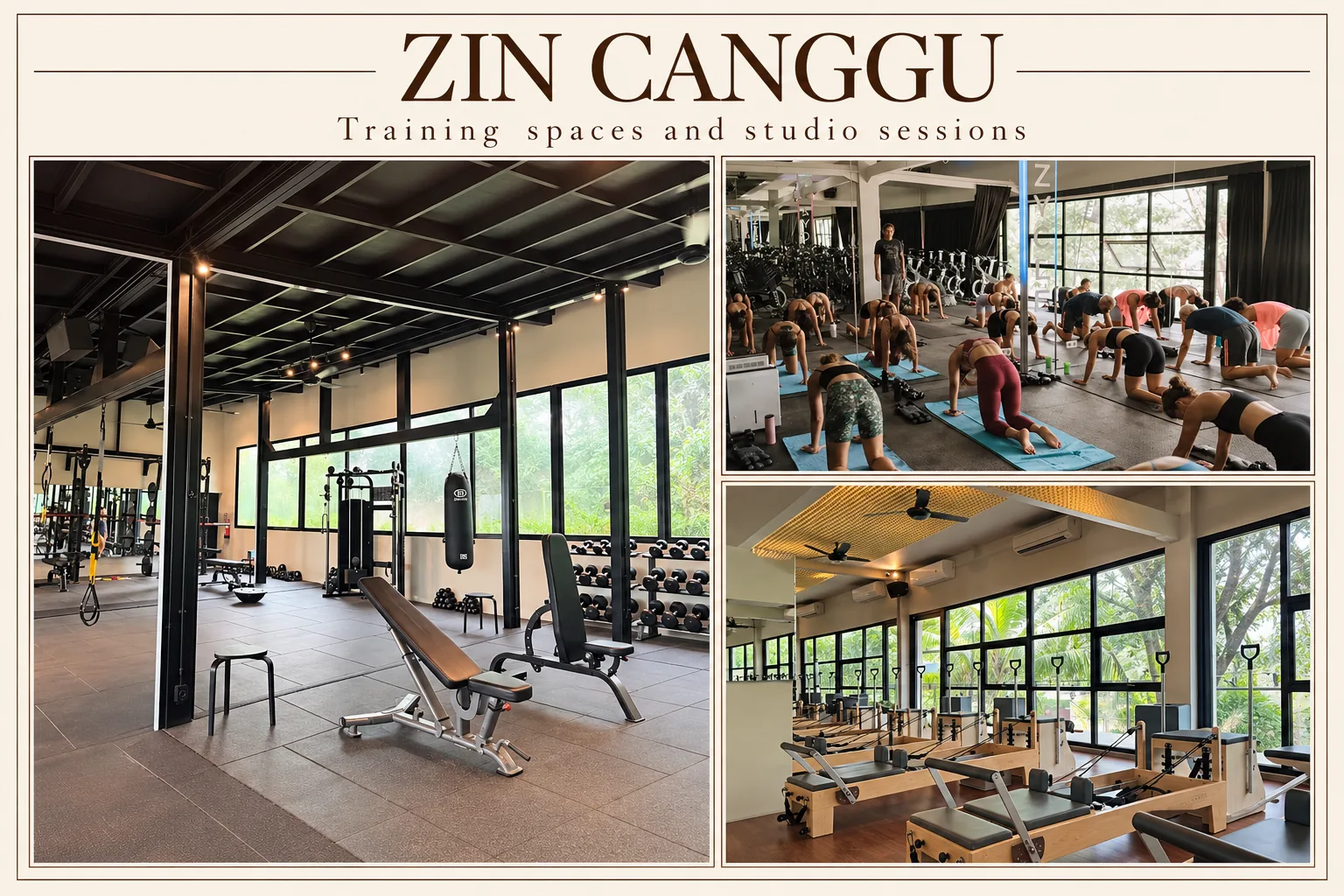 ZIN Canggu fitness collage showing gym equipment, a group exercise session and Pilates reformers