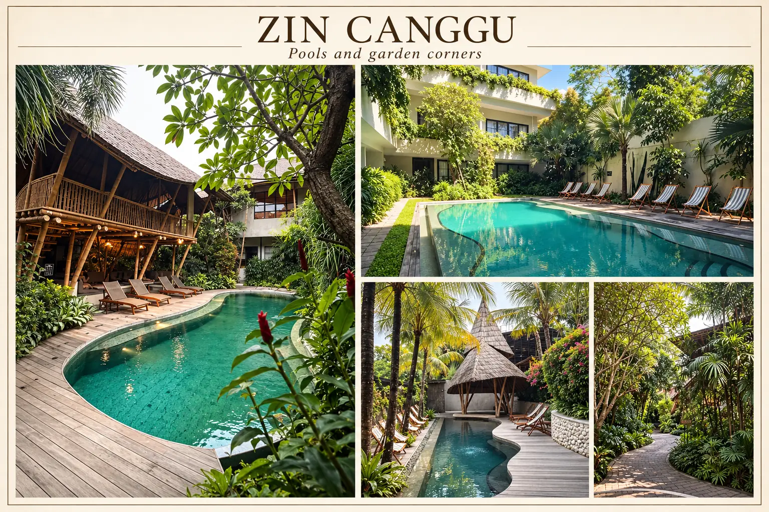 ZIN Canggu bamboo pavilion beside its curved garden pool