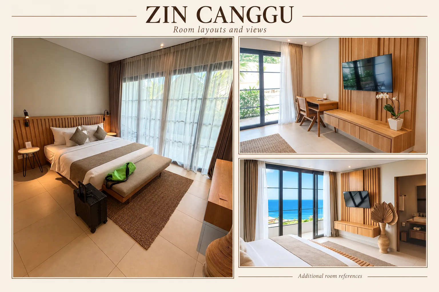 ZIN Canggu room collage with my wood-toned bedroom on the left and supplementary room views on the right